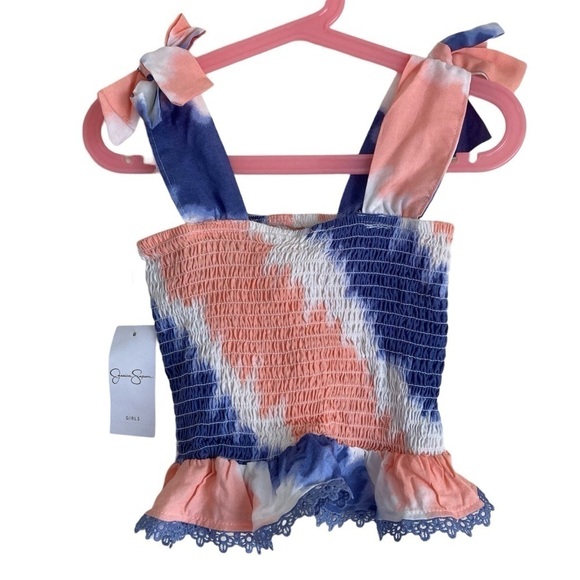 NWT Jessica Simpson Girls Tie Dye Smocked Tank Top Bow Straps Blue Peach Sz 7/8 - Picture 2 of 13